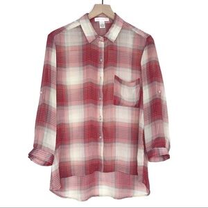 BAND OF GYPSIES Sheer Button Down Plaid Blouse Top S